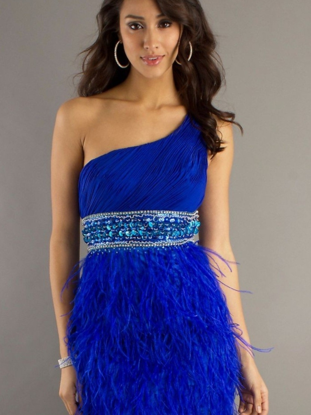 Dave & Johnny One-Shoulder Cobalt Blue Sequin & Feather Dress